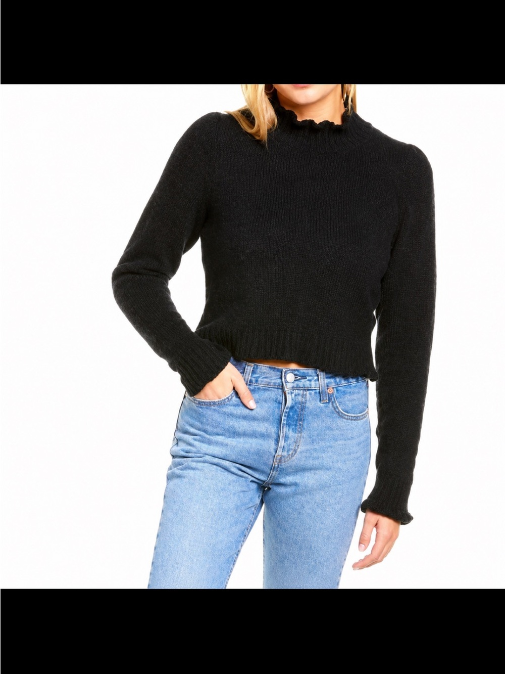 Black Ruffled Mock Neck Cropped Sweater - Women